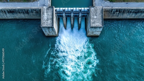 Flood barrier. Aerial view of a dam releasing water into a river, showcasing engineering and nature's interaction.