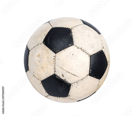 Old Soccer ball with wear and tear from play. Classic black and white football isolated on white background.