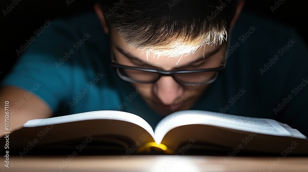 Young Person Focused on Open Book in Dimly Lit Room Young Person Focused on Open Book in Dimly Lit Room