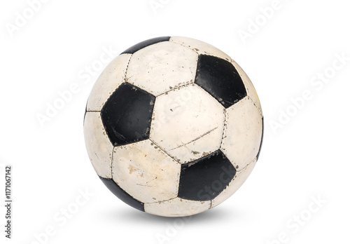 Old Soccer ball with wear and tear from play. Classic black and white football isolated on white background with shadow.
