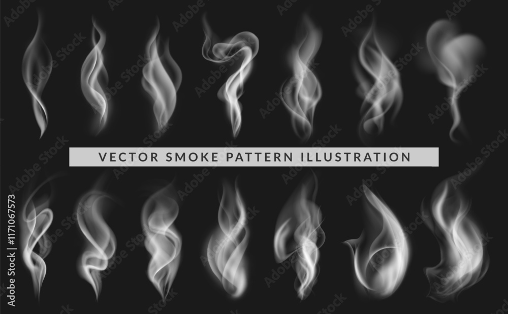 Collection of realistic overlay smoke, fire steam, transparent sky cloud, winter fog or mist, cigarette or chimney fume wave, nature air, explosion pattern and weather element. Food smoke silhouette.