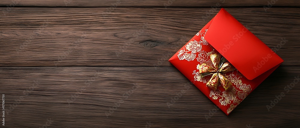 Obraz premium Beautifully Designed Red Envelopes with Intricate Gold Patterns Resting on a Rustic Wooden Background Representing the Festive and Auspicious Atmosphere of like Chinese New Year or Valentine s Day