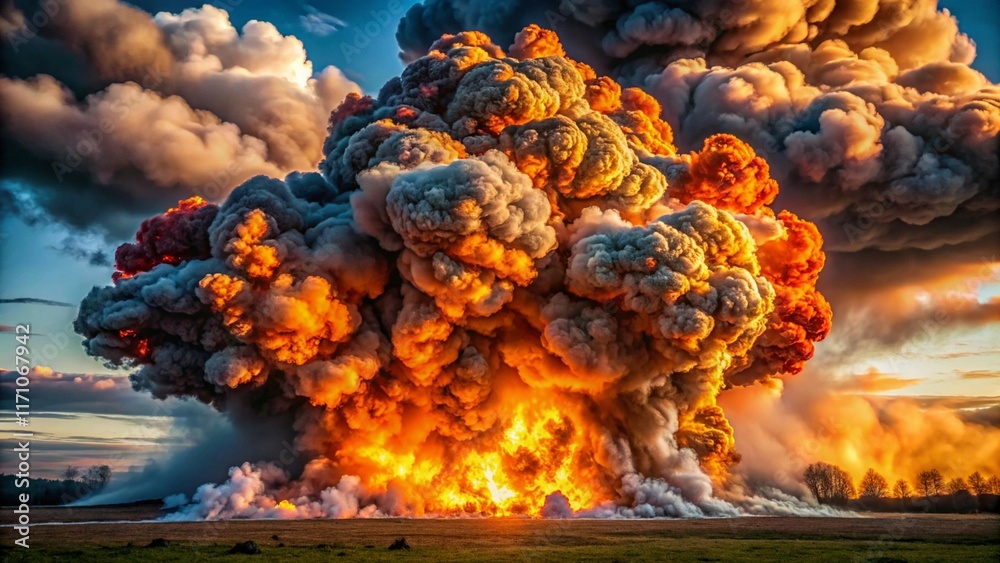 Massive fiery explosion erupting with thick, dark smoke, creating a dramatic, chaotic scene. Massive fiery explosion erupting with thick, dark smoke, creating a dramatic, chaotic scene.