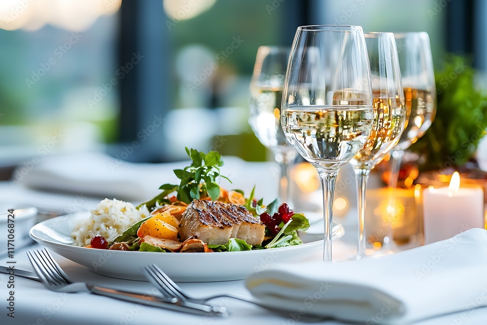 Beautifully Presented Feast of New Year Dishes on Elegant Table Setting with Wine Glasses Candles and Floral Decor in Cozy Outdoor Environment Beautifully Presented Feast of New Year Dishes on Elegant Table Setting with Wine Glasses Candles and Floral Decor in Cozy Outdoor Environment