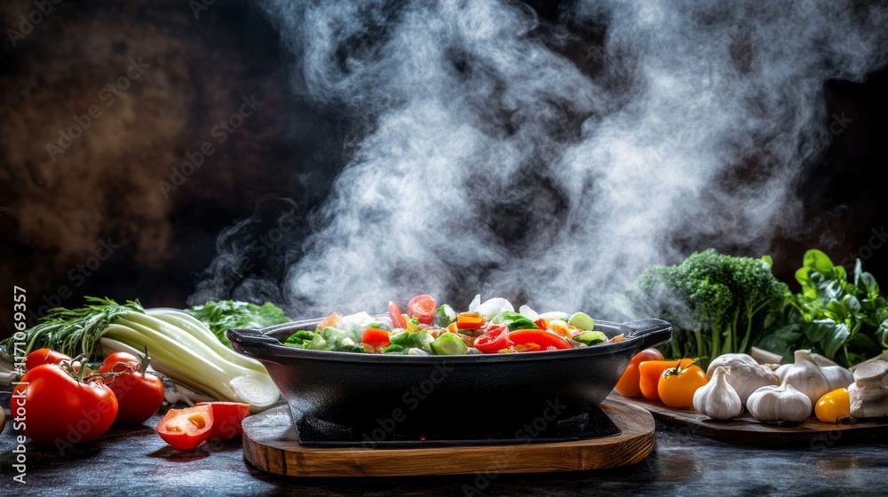 An artistic shot of a traditional sukiyaki setup, featuring a steaming pot on a tabletop with a variety of fresh ingredients neatly arranged around it for cooking. An artistic shot of a traditional sukiyaki setup, featuring a steaming pot on a tabletop with a variety of fresh ingredients neatly arranged around it for cooking.
