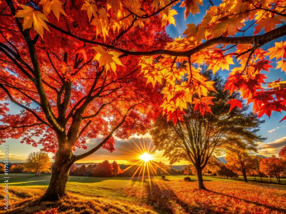 Golden hour silhouettes: fiery crimson leaves dance against the scenic autumn landscape. Golden hour silhouettes: fiery crimson leaves dance against the scenic autumn landscape.