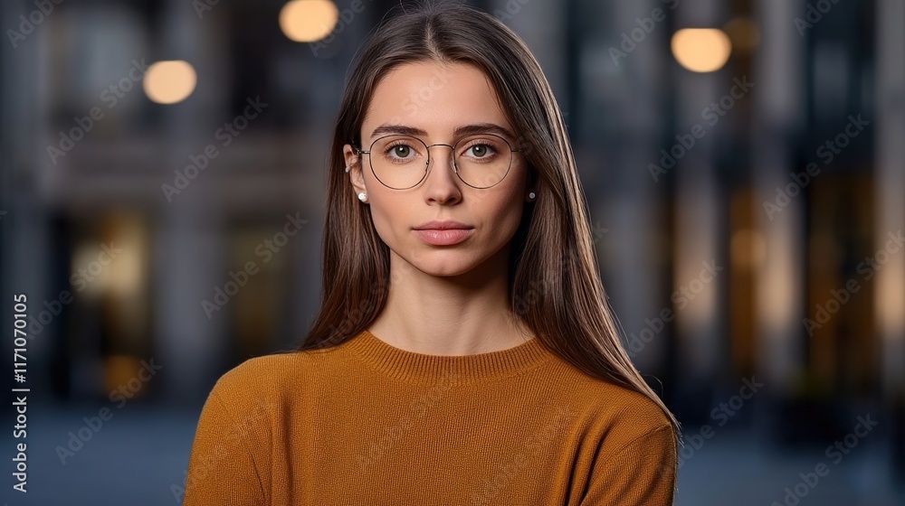 Obraz premium Thoughtful young woman with glasses posing outdoors in urban setting
