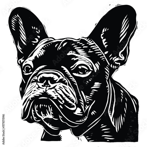 Detailed French Bulldog head illustration in black and white. photo