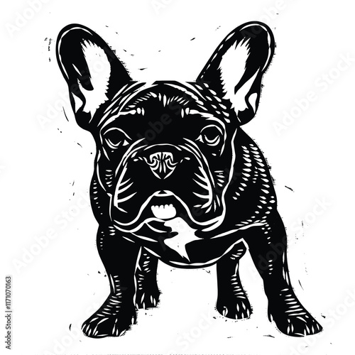 Detailed French Bulldog head illustration in black and white. photo