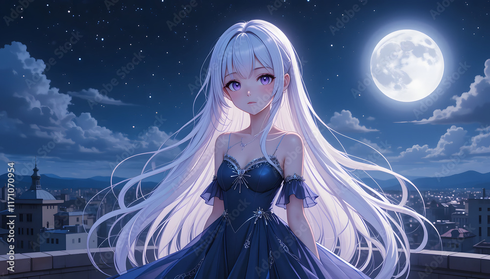 Anime girl in blue dress under moonlit night sky.