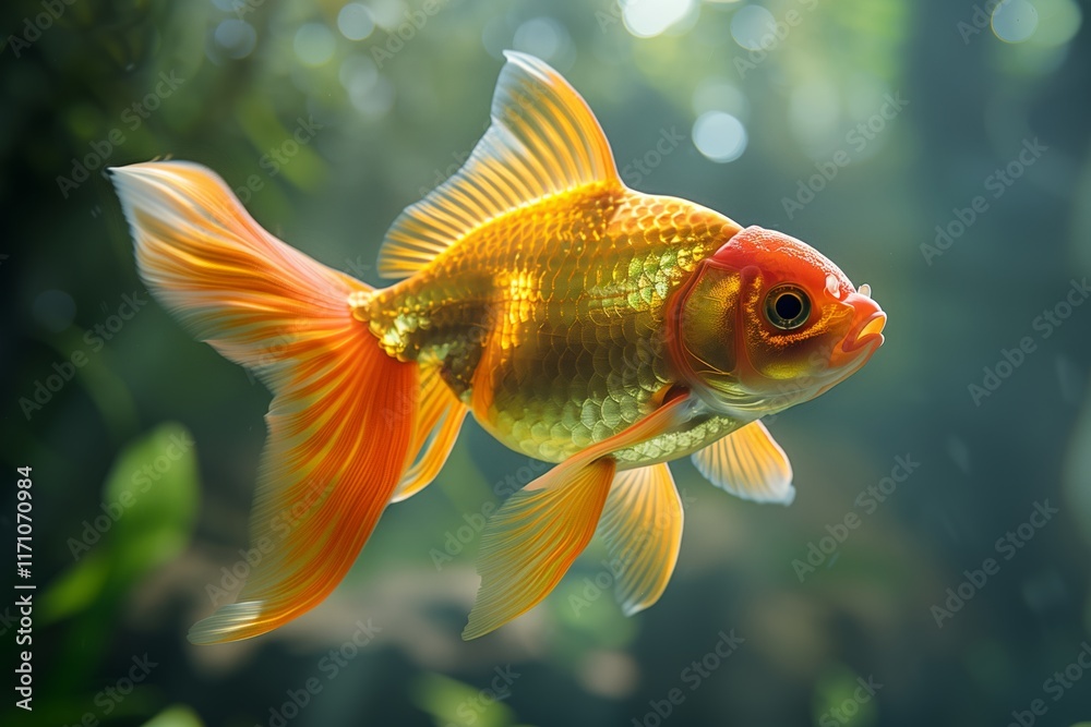 A vibrant goldfish gracefully swimming in a serene aquarium environment. A vibrant goldfish gracefully swimming in a serene aquarium environment.