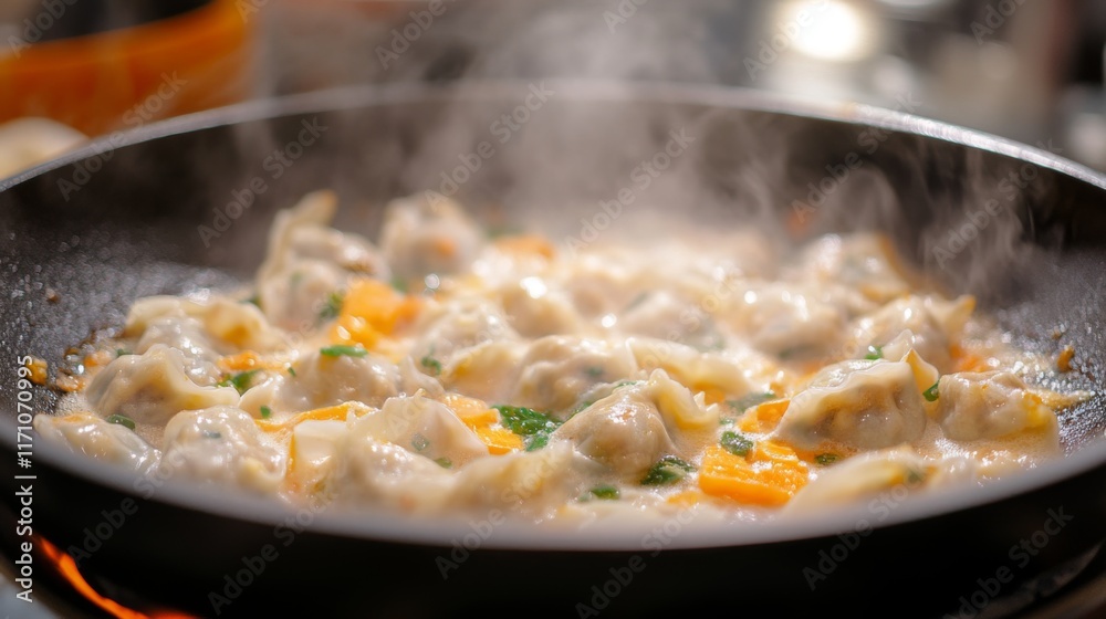 An artistic shot of gyoza cooking in a pan, with steam rising and the aroma of fresh ingredients filling the air, emphasizing the cooking process and flavors. An artistic shot of gyoza cooking in a pan, with steam rising and the aroma of fresh ingredients filling the air, emphasizing the cooking process and flavors.