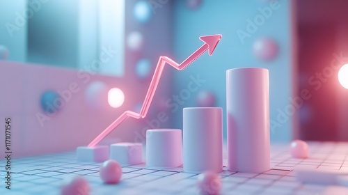 Professional 3D business chart showcases white ascending bars with upward arrow on light blue gradient background, incorporating grid pattern overlay for corporate data visualization