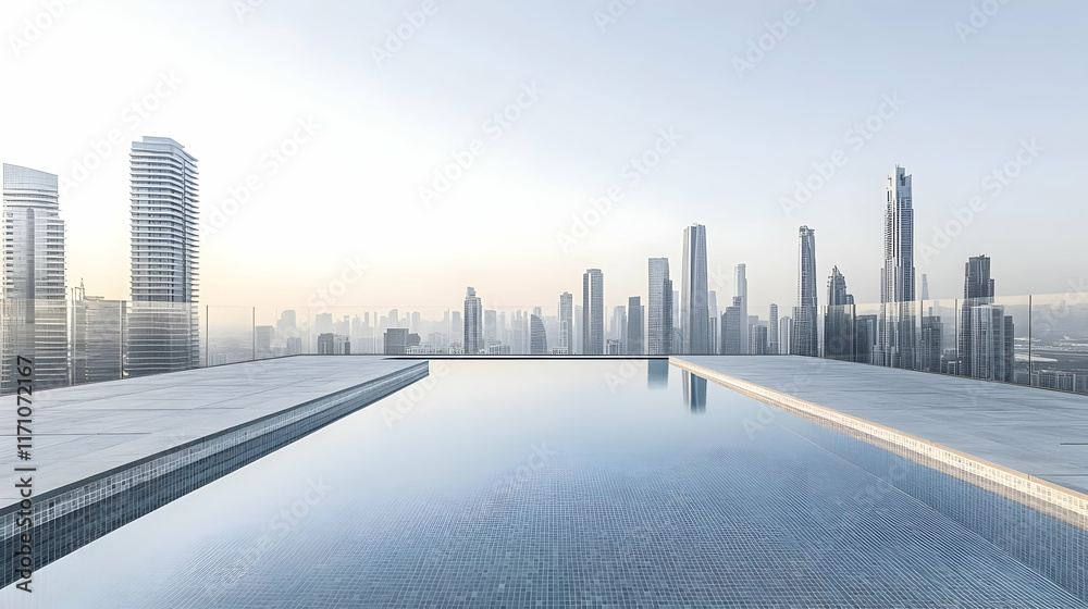 Fototapeta premium Rooftop infinity pool with sleek stone decking and panoramic cityscape views, designed for a luxury high-rise residence