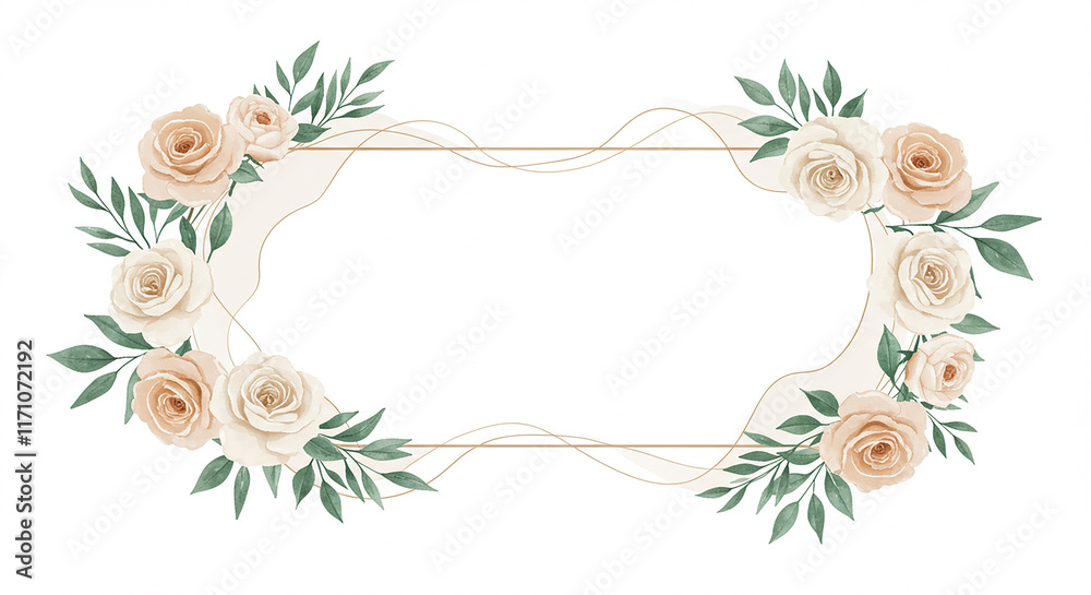 Fototapeta premium Elegant Floral Frame Roses Greenery Gold Lines Wedding Invitation Design