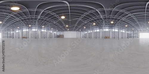 Full spherical hdri panorama 360 degrees of empty exhibition space. backdrop for exhibitions and events. Tile floor. Marketing mock up. 3D render illustration