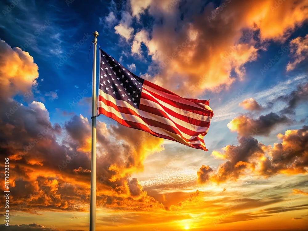 Obraz premium Panoramic View of a North-Facing Flag on a Pole Against a Dramatic Sky