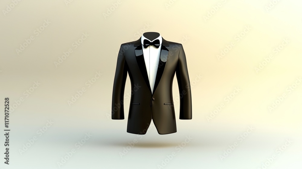 A stylish black tuxedo with a bow tie displayed against a soft gradient background. A stylish black tuxedo with a bow tie displayed against a soft gradient background.