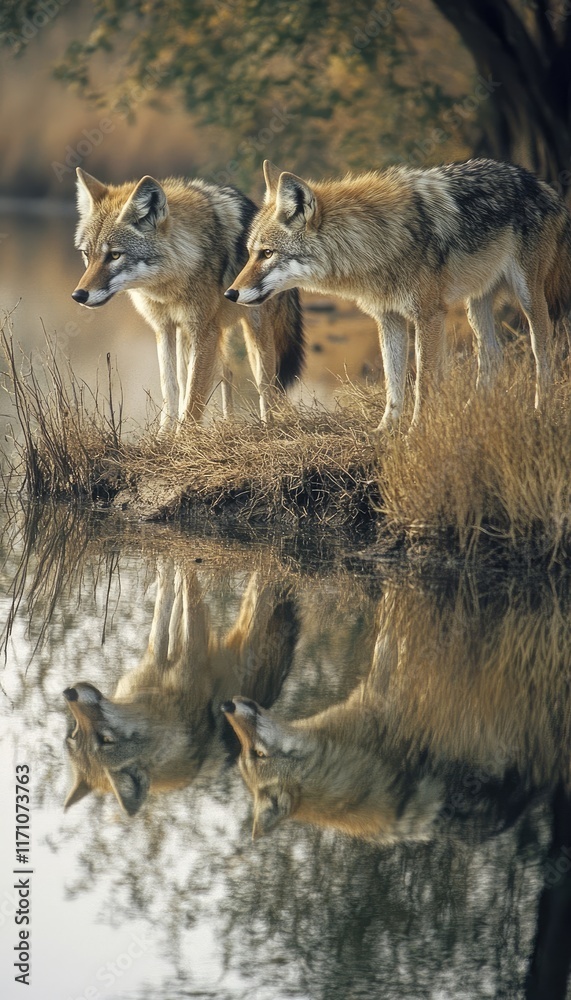 Obraz premium Two wolves standing by a calm water body, reflecting their image in the water.