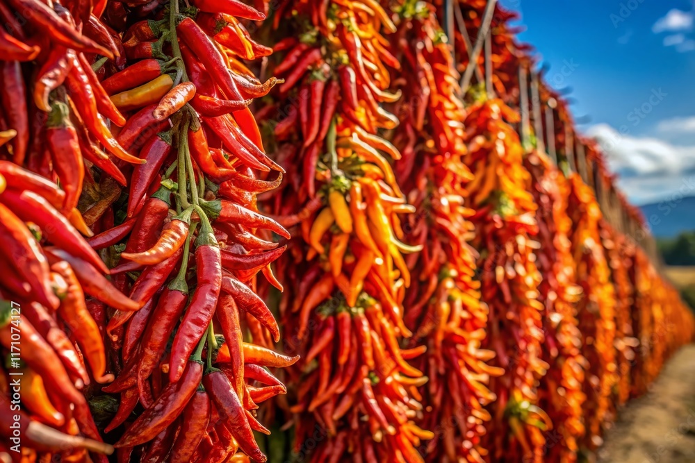 Panoramic View of Dried Chili Peppers Hanging in the Sun, Vibrant Red and Orange Colors Panoramic View of Dried Chili Peppers Hanging in the Sun, Vibrant Red and Orange Colors
