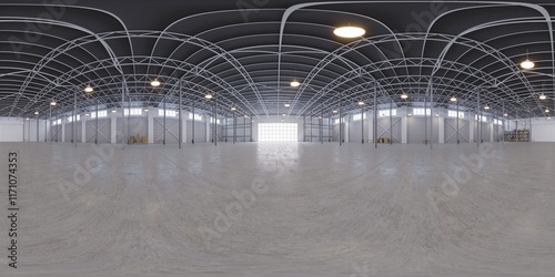 Full spherical hdri panorama 360 degrees of empty exhibition space. backdrop for exhibitions and events. Tile floor. Marketing mock up. 3D render illustration	