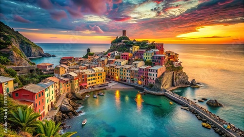 Panoramic View of Italian Coastal Town at Sunset, Colorful Buildings, Mediterranean Sea
