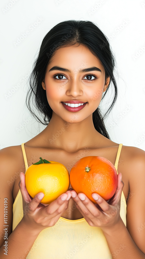 Young Indian woman presenting an orange and apple Young Indian woman presenting an orange and apple