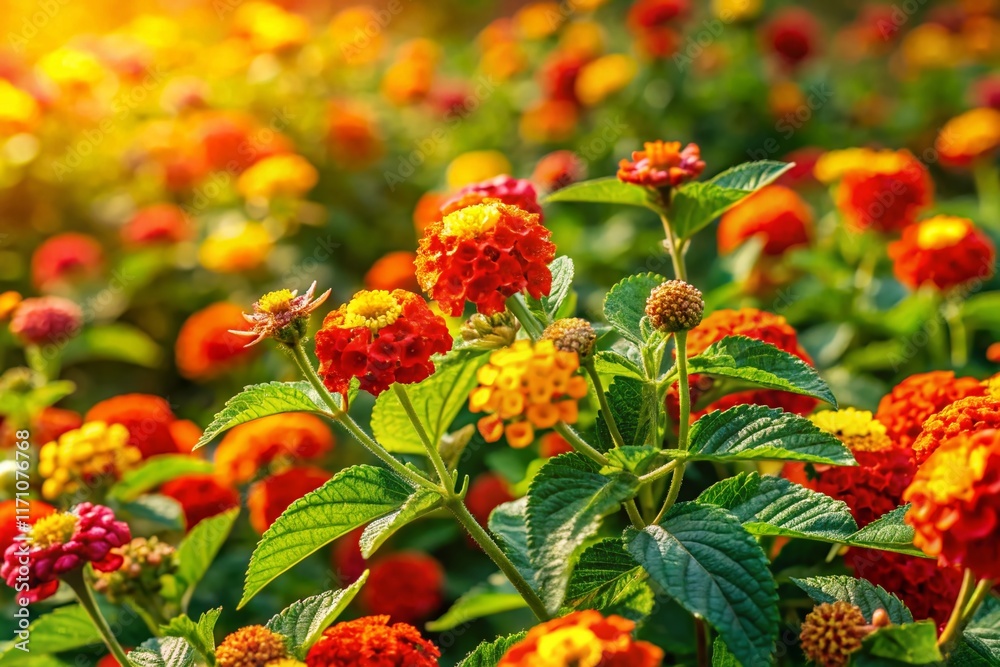 Obraz premium Panoramic View of Vibrant Red, Orange, and Yellow Lantana Flowers in Full Bloom