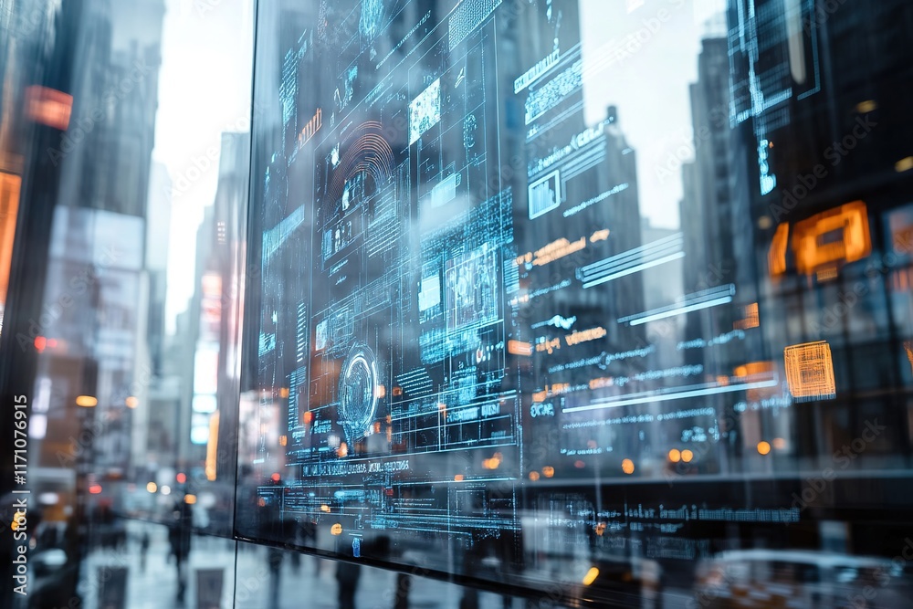 Obraz premium Futuristic cityscape with glowing screens and digital overlays c