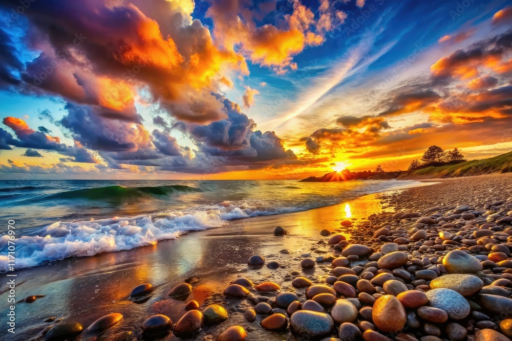 Obraz premium Glowing Stones Beach Sunset - Architectural Photography AI