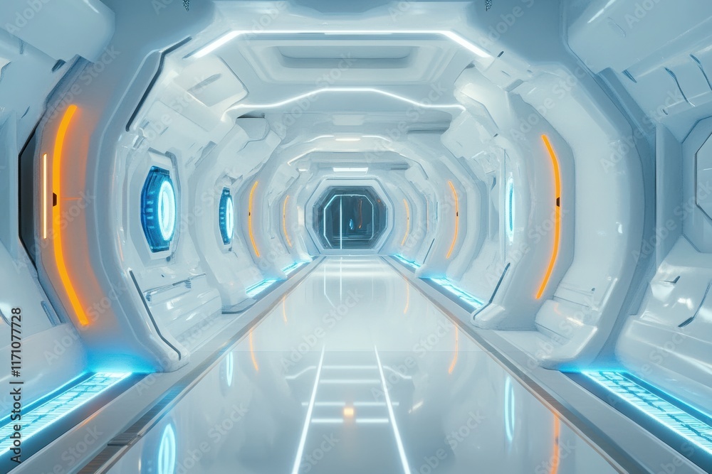 A sleek futuristic corridor with glowing panels and light strips, combining minimalism and ultramodern aesthetics for a sci-fi vibe. A sleek futuristic corridor with glowing panels and light strips, combining minimalism and ultramodern aesthetics for a sci-fi vibe.