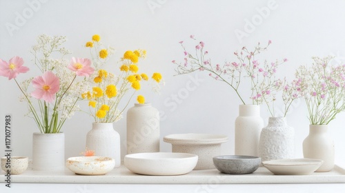 Minimalist arrangement of various vases and bowls filled with delicate pastel flowers on a light background.