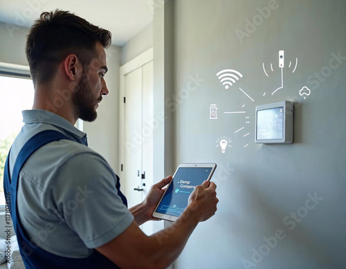 Technician using a tablet to control smart home features in a modern living space during daylight