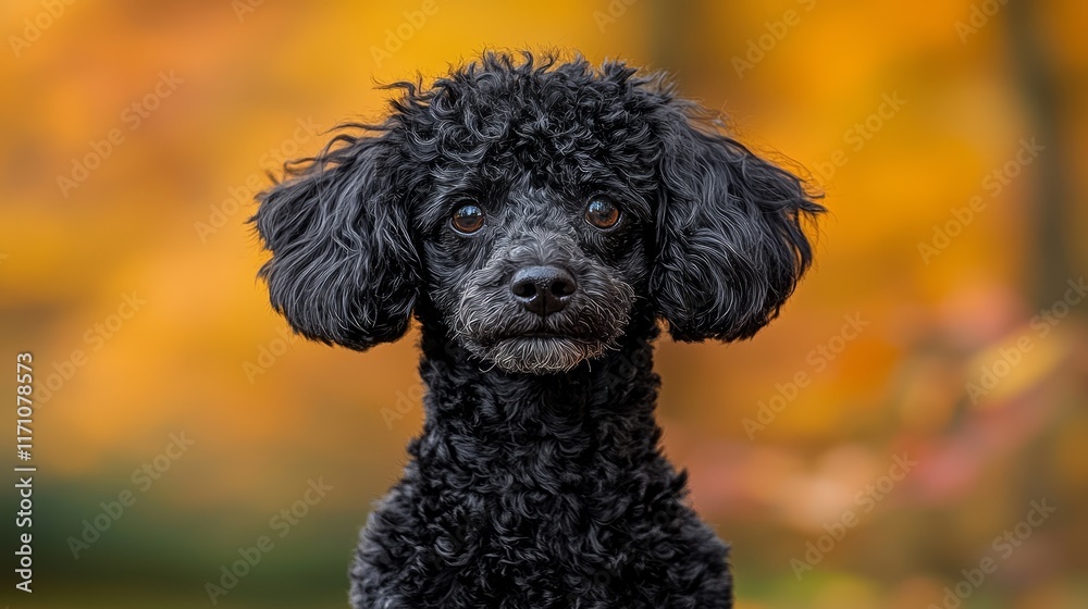 Adorable black toy poodle dog portrait against autumn leaves background. Adorable black toy poodle dog portrait against autumn leaves background.
