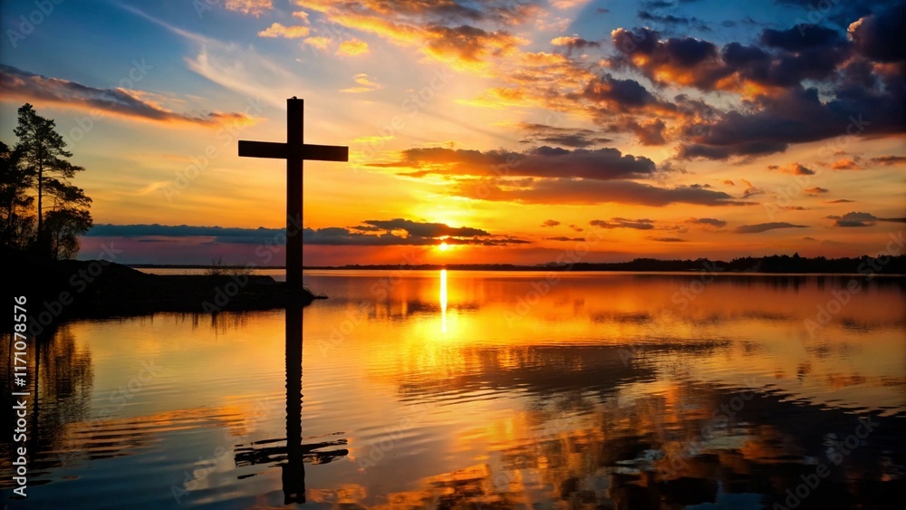 Silhouette of a cross at sunset, reflected on the calm surface of a serene lake. Silhouette of a cross at sunset, reflected on the calm surface of a serene lake.