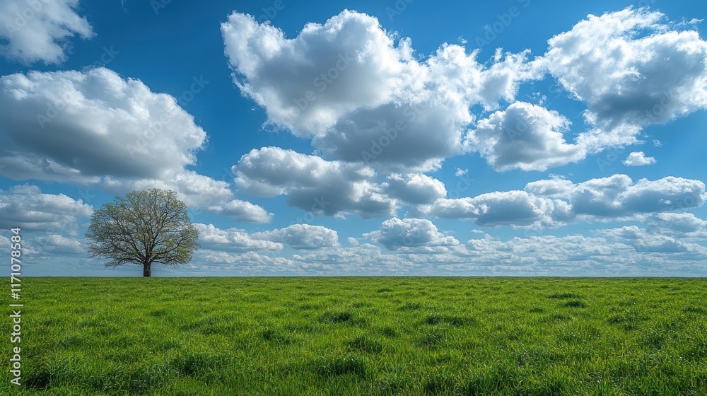 Vast empty field with lone tree under dramatic sky Vast empty field with lone tree under dramatic sky