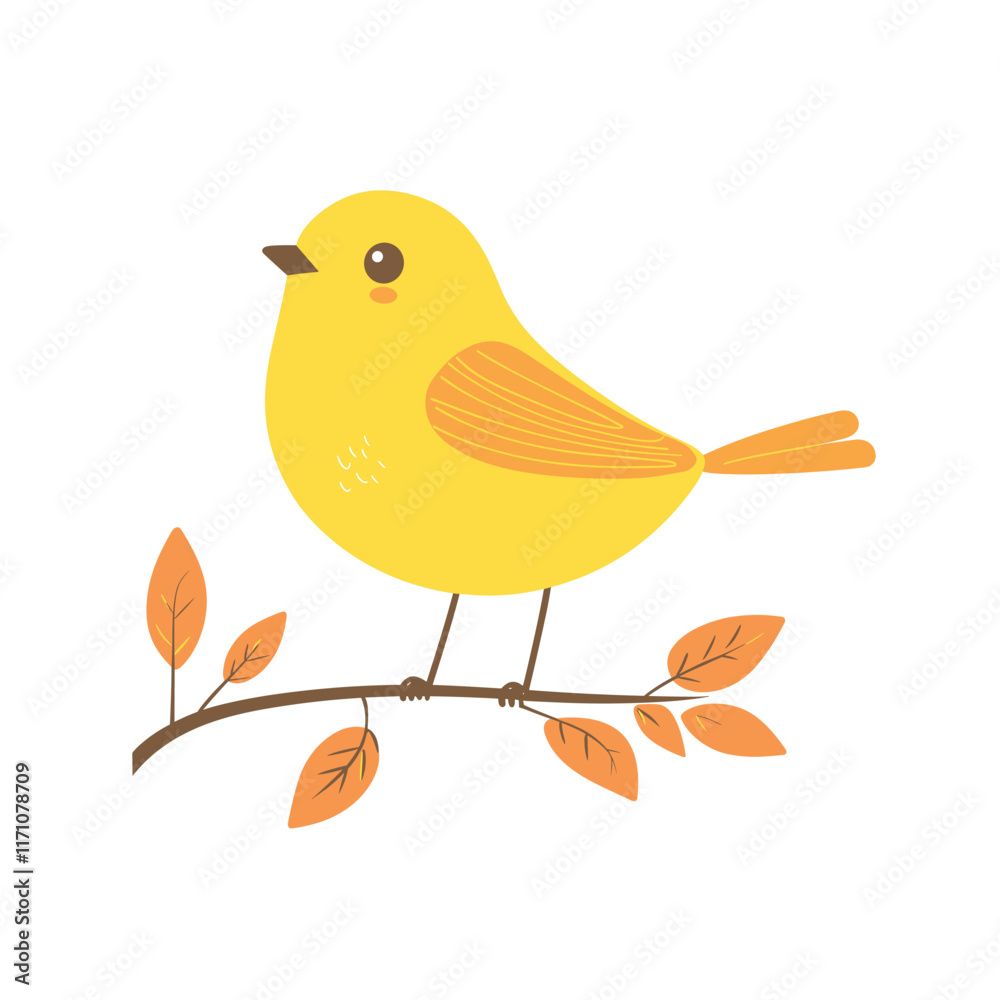 Cute cartoon bird on a branch with yellow leaves.