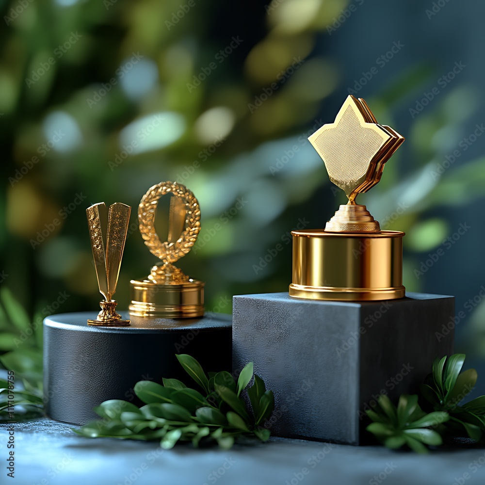 Golden Awards Displayed on Dark Platforms with Greenery