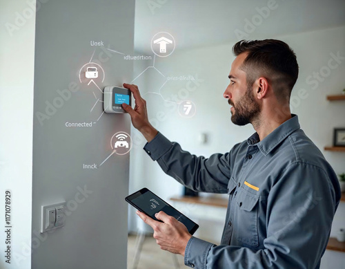 Technician adjusts smart thermostat while using a tablet in a modern home office setting during daytime photo