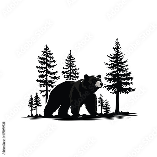 Black and white bear illustration in pine forest.