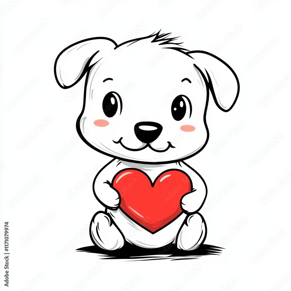 Fototapeta premium Cute dog with red heart for Valentine’s Day greeting card design
