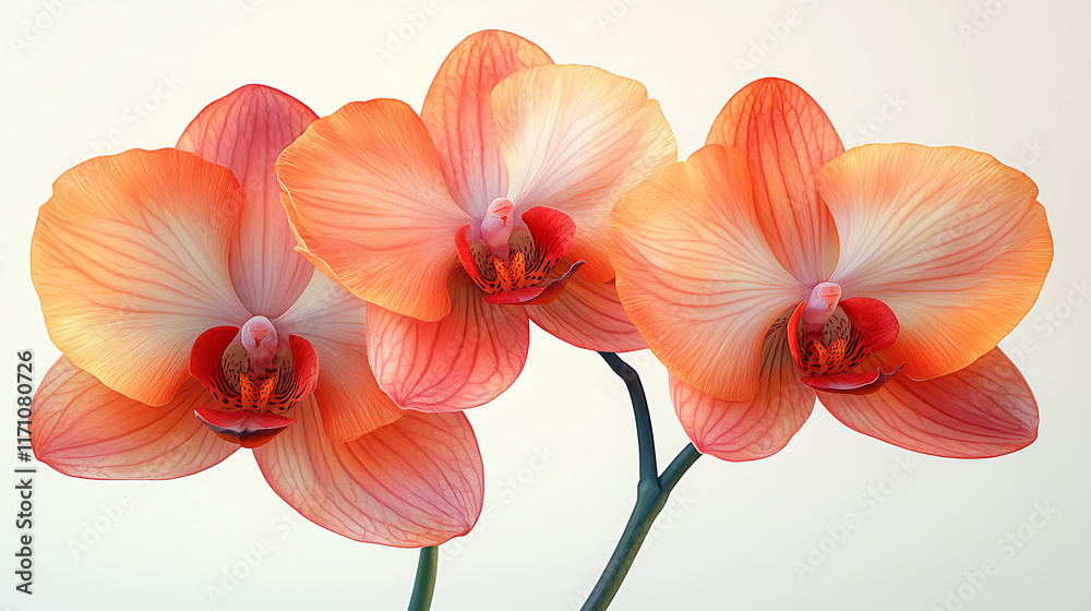 Three vibrant orange phalaenopsis orchids isolated on white background. Three vibrant orange phalaenopsis orchids isolated on white background.
