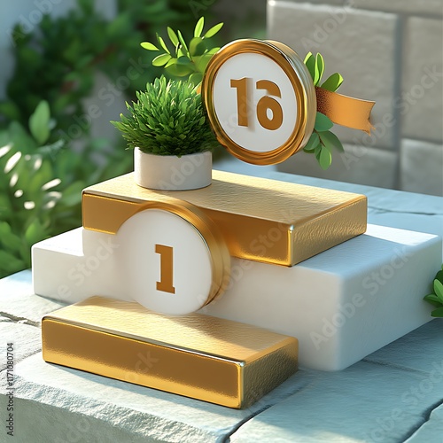 Obraz na płótnie Gold Numbered Podium With Plant Decoration w salonie