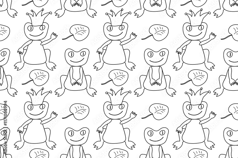 Seamless black-and-white pattern featuring happy frogs, a frog prince with a crown, and lily pads, perfect for coloring. Seamless black-and-white pattern featuring happy frogs, a frog prince with a crown, and lily pads, perfect for coloring.