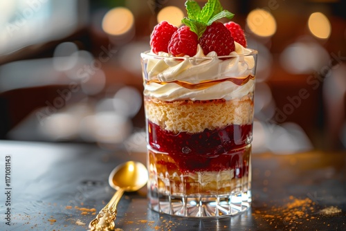 Delicious layered dessert with cream, raspberries, and a hint of mint, served in a stylish glass. photo