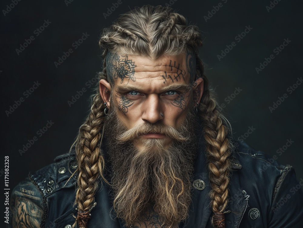 Obraz premium Nordic Viking warrior with a long beard and braided Viking hairstyle gazes neutrally at the camera, exuding wisdom and strength. His look blends Norse mythology with subtle steampunk elements.