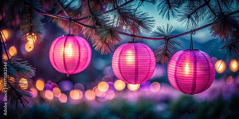 Fototapeta premium Pink Paper Lanterns Hanging on Pine Tree at Night - Long Exposure Photography
