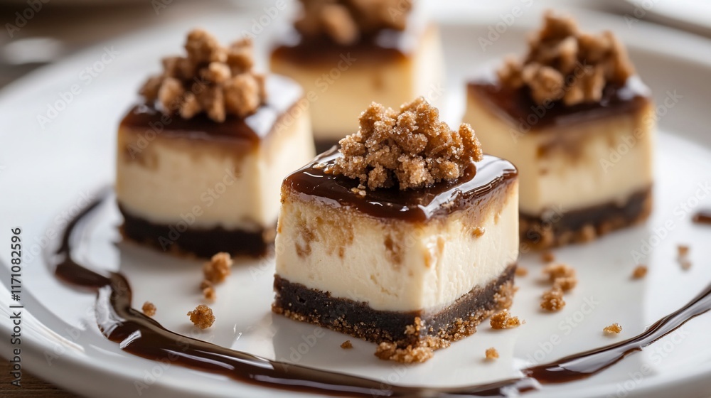 Four small square caramel-topped cheesecake bites on a white plate drizzled with caramel sauce. Four small square caramel-topped cheesecake bites on a white plate drizzled with caramel sauce.