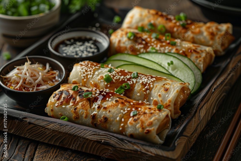 Delicious spring rolls served with fresh cucumbers and dipping sauce on a rustic wooden table. Delicious spring rolls served with fresh cucumbers and dipping sauce on a rustic wooden table.