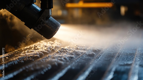 Close-up of industrial sandblasting process on metal surface. photo
